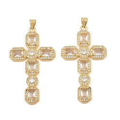 Clear Brass Micro Pave Cubic Zirconia Pendants, Octagon Shaped Cross Charms, Cadmium Free & Lead Free, Golden, Clear, 45.5x26x4.5mm, Hole: 5mm
