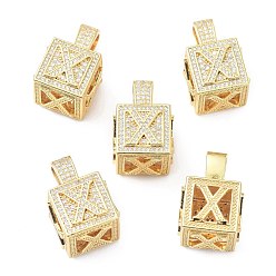 Letter X Кулоны из латуни с микропейвом и прозрачным фианитом, реальный 18 k позолоченный, куб с письмом, letter.x, 26x17x17 мм, отверстие : 5x8 мм