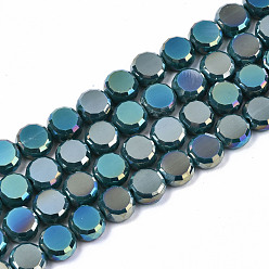 Темный Голубой Гальванизировать непрозрачные сплошной цвет стеклянные бусы пряди, с покрытием AB цвета, плоские круглые граненые, темные голубые, 8x4 мм, отверстие : 1.5 мм, около 78~80 шт / нитка, 21.65~22.44 дюйм (55~57 см)