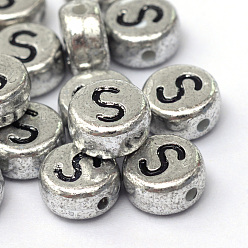 Letter S Plated Acrylic Horizontal Hole Letter Beads, Flat Round, Letter.S, 7x4mm, Hole: 1.3mm, about 3600pcs/500g
