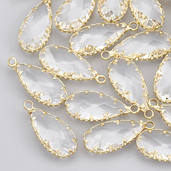 Настоящее золото 18K Латунь стекло кулоны, граненые, слеза, прозрачные, реальный 18 k позолоченный, 24x10.5x5 мм, отверстие : 2 мм