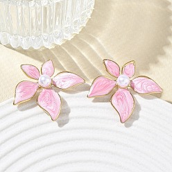 Hot Pink 304 Stainless Steel Enamel & ABS Plastic Pearl Stud Earrings for Women, Flower, PVD Vacuum Plating, Golden, Hot Pink, 28x29mm