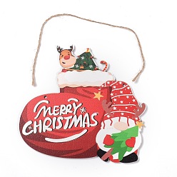 Красный Украшения дисплея натурального дерева, на Рождество, Слово счастливого Рождества, Дед Мороз / Дед Мороз с носком, красные, 180x165x3.5 мм, отверстие : 4 мм