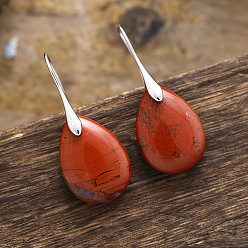 Красный Камень Серьги-капли из латуни, с естественной красной яшмой, платина, 40x18 мм