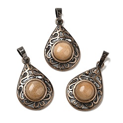 Красный Авантюрин Натуральный красный авантюрин подвески, латунные подвески-капли, Красная медь, без свинца и без кадмия, 30x19.5x7.5 мм, отверстие : 5x8 мм