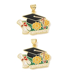 Hat Graduation Season Brass Enamel Pendants, Long-Lasting Plated, Cadmium Free & Lead Free, Real 18K Gold Plated, Black, Graduation Cap Charm with Sunflower Diploma Charm, 21x25.5x2mm, Hole: 4x3mm