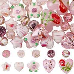 Pink 40 pièces 10 styles mixtes perles de verre filées à la main, formes mixtes, rose, 8~20.5x8~20x6.5~12mm, Trou: 0.8~2mm, 4 pcs / style