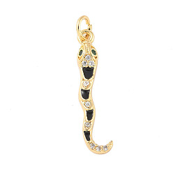 Черный Латунные микропроволочные кубические циркониевые подвески из эмали, с целью перехода в кольце, змея, реальный 18 k позолоченный, чёрные, 26x6x4 мм, отверстие : 3 мм