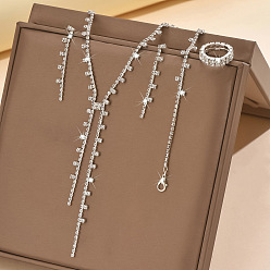 Кристалл Ожерелье с подвеской-кисточкой из сплава и стразами, серьги-гвоздики и кольцо, кристалл, 370 мм & 50 мм & 17 мм & 190 мм