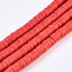 Red Flat Round Eco-Friendly Handmade Polymer Clay Beads, Disc Heishi Beads for Hawaiian Earring Bracelet Necklace Jewelry Making, Red, 8x0.5~1mm, Hole: 2mm, about 380~400pcs/strand, 17.7 inch