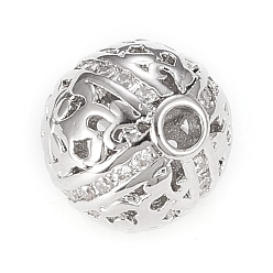 Platinum Brass Micro Pave Clear Cubic Zirconia Beads, Long-Lasting Plated, Round, Platinum, 11x11mm, Hole: 2.5mm
