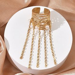 Золотой 304 Открытые кольца-манжеты из нержавеющей стали с кисточками для женщин, с бусинами из искусственного жемчуга, золотые, 24 мм, внутренний диаметр: 18 мм