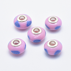 Perle rosa Handgemachte  europäischen Fimo-Perlen, mit versilberten Messingkernen, Großloch perlen, Rondell, Perle rosa, 13~16x8~11 mm, Bohrung: 4.5~5 mm
