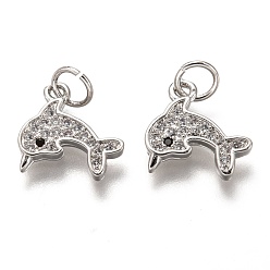 Платина Латунные микропаве прозрачные кубические циркониевые подвески, долговечный, с целью перехода в кольце, форма дельфина, платина, 11x12x1.5 мм, Перейти кольцо: 5x1 мм, 3 мм внутренним диаметром