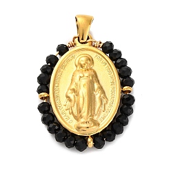 Черный Ионное покрытие (ip) 304 овальные подвески из нержавеющей стали в форме граненого ронделя с травяным покрытием, прелести девы марии, реальный 18 k позолоченный, чёрные, 29x23x4 мм, отверстие : 5x3 мм