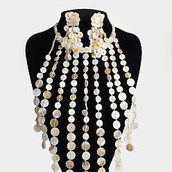 Морская Ракушка Наборы из многослойных дисковых ожерелий и сережек-гвоздиков из ракушек для женщин, цвет морской раковины, Ожерелья: 400 mm