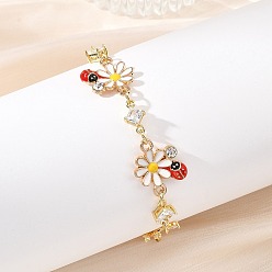 Doré  Bracelets à maillons en laiton sertis de micro-pavés de zirconiums cubiques transparents, 304 bracelets à breloques en acier inoxydable et émail pour femmes, coccinelle et daisy, or, 7.24 pouce (18.4 cm)