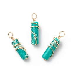 Имперская яшма Подвески из натуральной имперской яшмы, с медной проволокой золотого тона, обернутой, колонка очарование, окрашенные, 18.5~20x5~5.5 мм, отверстие : 2.5 мм