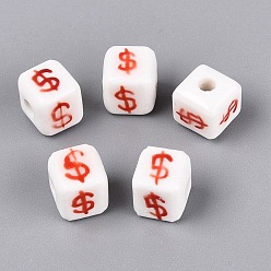 Roja Cuentas de porcelana hechas a mano, pintado a mano, famille porcelana rosa, cubo y símbolo de dólar, rojo, 8~9x8~9x8~9 mm, agujero: 2~2.8 mm