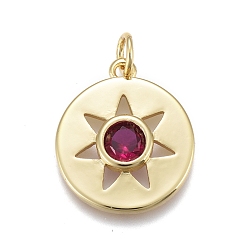 Настоящее золото 18K Латунные микро проложить кубического циркония подвески, долговечный, с прыжковых колец, плоские круглые с солнцем, реальный 18 k позолоченный, 18.5x16x3 мм, перемычки: 5x1 мм, внутренний диаметр: 3 мм