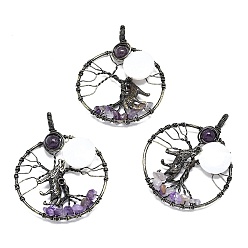 Античная Бронза Крупные подвески из натурального аметиста и белой ракушки, обвитые медной проволокой, древо жизни с леопардовыми подвесками, античная бронза, 63.5~64.5x50.5~51x7.5~9.5 мм, отверстие : 4.2 мм