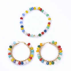 Farbig Glasperlen-Schmuck-Sets, Stretch-Armbänder & 304 große Creolen aus Edelstahl, mit Messing-Perlen, golden, Farbig, Armband: 2-1/8 Zoll (5.5cm), Ohrring: 48x51x6 mm, Stift: 1x0.6 mm
