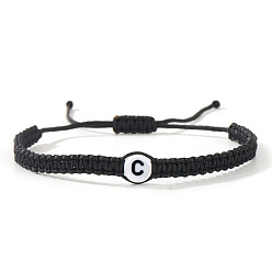 Letter C Плоские круглые браслеты из плетеных бусин из смоляных бусин с буквенным узором, регулируемые плетеные браслеты из хлопкового шнура для мужчин и женщин, буква С, 11.02 дюйм (28 см)