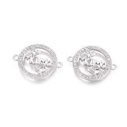 Платина Латунные соединители звеньев микропаве, прозрачные кубические циркония, плоский круг с бабочкой и словом мама, день матери, платина, 16x20.5x2.5 мм, отверстие : 1.4 мм