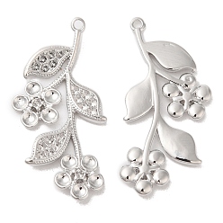 Платинированный Подвеска из латуни с прозрачным фианитом и стразами, без кадмия, без никеля и без свинца, цветочные амулеты с листьями, Реальная платина, пригодный для стразов 0.9 мм, 27x15x2 мм, отверстие : 1 мм