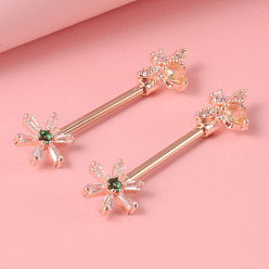 Цветок Кольца для сосков из латуни с прозрачным кубическим цирконием, с 304 штифтов из нержавеющей стали, золотой свет, цветок, 15x8 мм