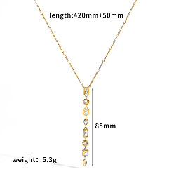 Rectangle 304 Stainless Steel Pave Clear Cubic Zirconia Geometric Y Pendant Necklaces for Women, Golden, Rectangle, 16.54 inch(42cm), pendant: 85mm