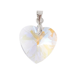 Прозрачный АВ Латунь стекло кулоны, сердце, платина, ясно AB, 23x18x8 мм, отверстие : 5x4 мм