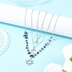 Ляпис-Лазурь 201 подвеска из нержавеющей стали с изображением солнца, луны и звезд, натуральный лазурит и 304 цепочка из нержавеющей стали 3 многослойные ожерелья для женщин, цвет нержавеющей стали, 14.80~18.19 дюйм (37.6~46.2 см), 3 шт / комплект