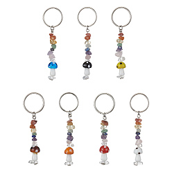 Mixed Color Chakra Natural Gemstone Chips Keychains with Lampwork Mushroom Charm, with Iron Keychain Ring, Mixed Color, 9.2cm