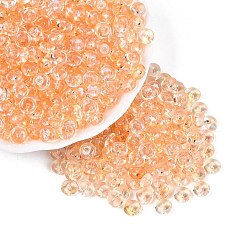 Saumon Clair Perles de rocaille en verre de couleurs transparentes, rondelle, cuisson des peintures, saumon clair, 6x3mm, Trou: 1.2~1.6mm, environ 2500 pcs / livre