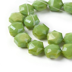Желто-Зеленый Стеклянные нити из бисера, гальваническое покрытие, граненый шестиугольник, желто-зеленый, 10x7~7.5 мм, отверстие : 1 мм, около 25 шт / нитка, 10.5 дюйм (27 см)
