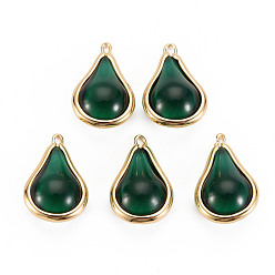 Dark Green Transparent Glass Pendants, with Brass Findings, Teardrop, Light Gold, Dark Green, 19x12x8mm, Hole: 1mm