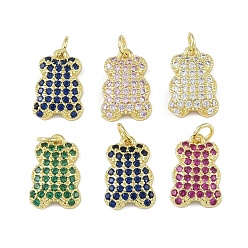 Mixed Color Brass Micro Pave Cubic Zirconia Pendants, Real 18K Gold Plated, Bear, Mixed Color, 16x10.5x3.5mm, Hole: 3mm