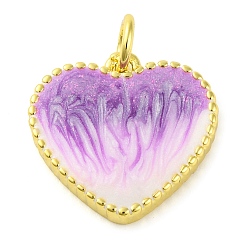 Сливовый Латунь эмаль подвески, без кадмия и без свинца, с блестками и кольцом для прыжков, долговечный, реальный 18 k позолоченный, сердце прелести, слива, 15x15x3 мм, отверстие : 3.5 мм