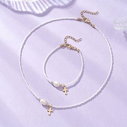 Золотой Комплекты браслетов и ожерелий из натурального культивированного пресноводного жемчуга и стеклянных бусин, 304 комплекты украшений в виде маленьких крестиков из нержавеющей стали, золотые, браслет: 6.89 дюйм (17.5 см)