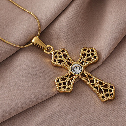 Золотой 304 Женские ожерелья с подвеской в виде креста из нержавеющей стали с прозрачным стеклом, золотые, 15.75 дюйм (40 см)