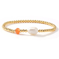 Brass Brass & Natural Carnelian & Imitation Pearl Beads Stretch Bracelets for Women, Round, Golden, 6.89 inch(17.5cm)