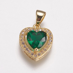 Золотой Латунные микро проложить кубического циркония прелести, сердце, зелёные, золотые, 14x12x5 мм, отверстие : 3x5 мм