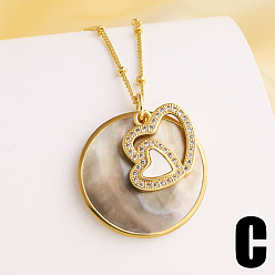 Golden Brass Pave Clear Cubic Zirconia & Natural Paua Shell Flat Round with Heart Pendant Necklaces for Women, Golden, Golden, 17.32 inch(44cm), pendant: 25mm & 16x18mm