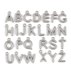 Platinum Stainless Steel Charms, Letter A-Z, Rack Plating, Long-Lasting Plated, Platinum, 9~9.5x2.5~8.5x1.5~2mm, Hole: 1.2mm