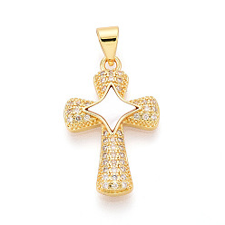 Настоящее золото 18K Латунные микропаве прозрачные подвески с фианитом, без кадмия и без свинца, с оболочкой, крестик, реальный 18 k позолоченный, 24x15x3 мм, отверстие : 5x3.5 мм