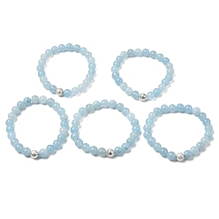 Кварц Натуральный кварц (окрашенный) эластичные браслеты, имитация аквамарин, с латунными рельефными бусинами, серебряный цвет гальваническим, 49 мм