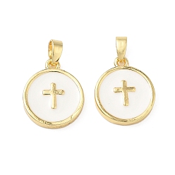 Золотой Латунь эмаль подвески, плоские круглые с поперечными прелести, без свинца и без кадмия, долговечный, стойки покрытие, золотые, 16.5x14x2.5 мм, отверстие : 4x2.5 мм