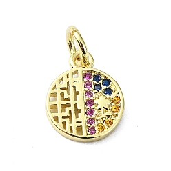 Настоящее золото 18K Латунные микро-паве красочные кубические циркониевые подвески, без кадмия, без никеля и без свинца, с целью перехода в кольце, плоские круглые прелести, реальный 18 k позолоченный, 12x9x1.5 мм, отверстие : 3 мм
