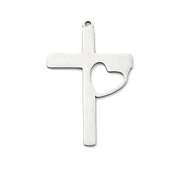 Couleur Acier Inoxydable Pendentifs en acier inoxydable, croix avec des charmes de coeur, Coupe au laser, couleur inox, 201mm, Trou: 30.5x19.5x1.5mm